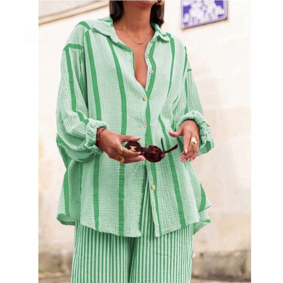 Green Striped Oversized Button Down Shirt Long Sleeve - Picture 2 of 8